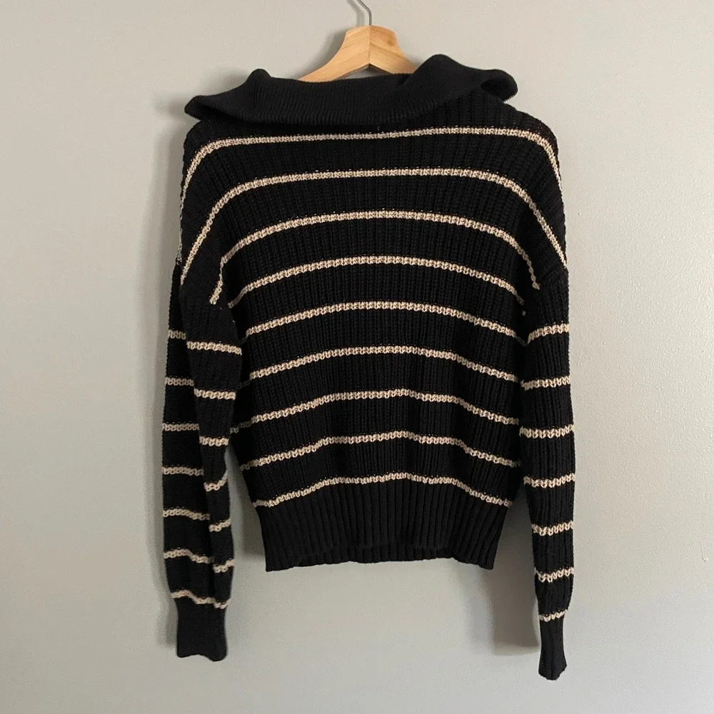 Evereve Striped Quarter Zip Sweater Womens Small Black Cream Chunky Knit Preppy